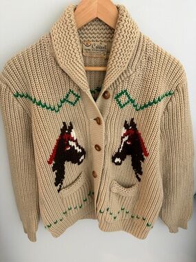 Stunning Cowichan style Caldwell  Shawl Collar Horse Intarsia Knit Sweater